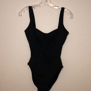 Super Cute Black One Piece Swimsuit with Sheer Vertical Side Panels